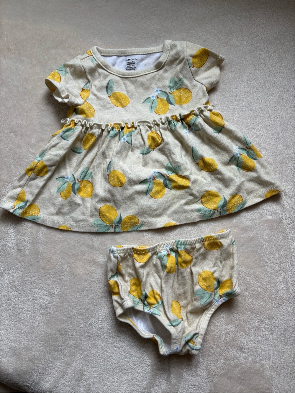 Gerber Baby Girls Yellow Lemon Print Dress & Diaper Cover Bloomer Set - EUC 0-3